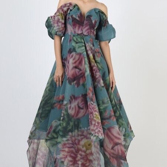 Geisha Designs Off the Shoulder Floral Appliqué Gown Dress - Picture 1 of 5